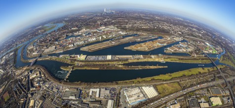 Aerial view, Duisburg harbour, coal island, Duisport, Rhine-Herne Canal, Ruhr, fisheye image,