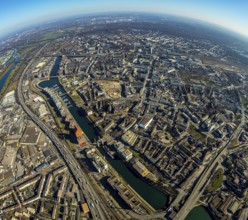 Aerial photo, inner harbour, Schwanentor, fisheye, Duisburg-Mitte, Duisburg town hall, Ruhrort,