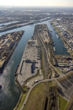 Aerial view, Duisburg harbour, coal island, Duisport, Rhine-Herne Canal, Ruhr, Ruhrort, Duisburg,