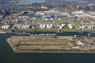 Aerial view, Duisburg harbour, coal island, Duisport, Rhine-Herne Canal, Ruhr, Ruhrort, Duisburg,