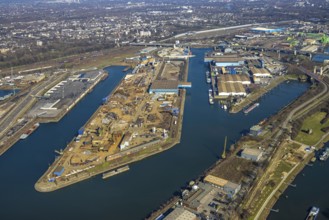 Aerial view, Duisburg harbour, coal island, Duisport, Rhine-Herne Canal, Ruhr, Ruhrort, Duisburg,