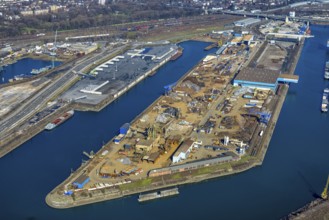 Aerial view, Duisburg harbour, coal island, Duisport, Rhine-Herne Canal, Ruhr, Ruhrort, Duisburg,