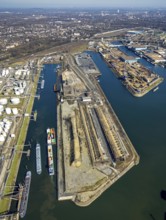 Aerial view, Duisburg harbour, coal island, Duisport, Rhine-Herne Canal, Ruhr, Ruhrort, Duisburg,