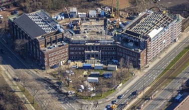 Aerial view, construction site for planned office building, former Hamborn municipal swimming pool,