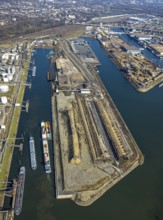 Aerial view, Duisburg harbour, coal island, Duisport, Rhine-Herne Canal, Ruhr, Ruhrort, Duisburg,