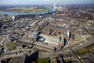Aerial view, thyssenkrupp Steel Europe, river Rhine, Marxloh, Duisburg, Ruhr area, North