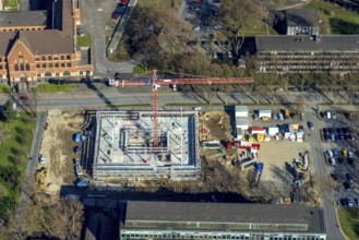 Aerial view, construction site new building on the administration site thyssenkrupp Steel Europe