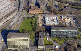 Aerial view, construction site new building on the administration site thyssenkrupp Steel Europe