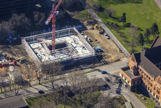 Aerial view, construction site new building on the administration site thyssenkrupp Steel Europe