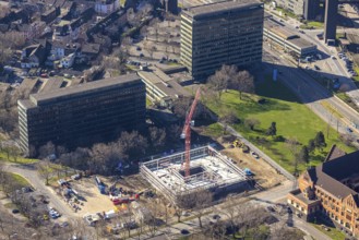 Aerial view, construction site new building on the administration site thyssenkrupp Steel Europe