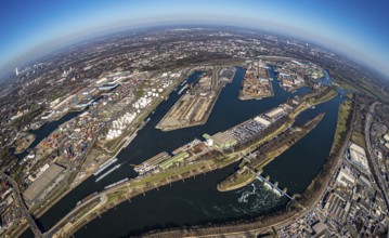Aerial view, Duisburg harbour, coal island, Duisport, Rhine-Herne Canal, Ruhr, fisheye image,