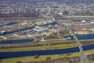 Aerial view, Duisburg harbour, coal island, Duisport, Rhine-Herne Canal, Ruhr, fisheye image,