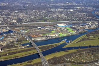 Aerial view, Duisburg harbour, coal island, Duisport, Rhine-Herne Canal, Ruhr, fisheye image,