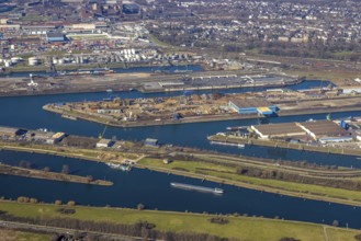 Aerial view, Duisburg harbour, coal island, Duisport, Rhine-Herne Canal, Ruhr, fisheye image,