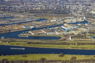 Aerial view, Duisburg harbour, coal island, Duisport, Rhine-Herne Canal, Ruhr, fisheye image,