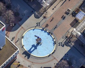 Aerial view, sculpture Lifesaver in the pedestrian zone Königstraße, Altstadt, Duisburg, Ruhr area,