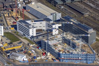 Aerial view, construction site Wuhanstraße Quartier 1, new building Duisburg City Office,