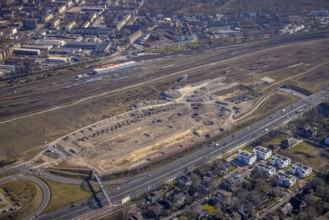 Aerial view, track system old goods station, Duisburger Freiheit, demolition building, site of the