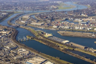 Aerial view, Duisburg harbour, coal island, Duisport, Rhine-Herne Canal, Ruhr, fisheye image,