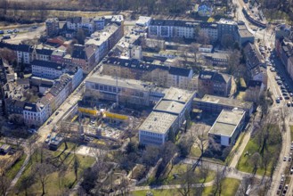 Aerial view, construction site, new building, sports hall Steinbart-Gymnasium, Dellviertel,