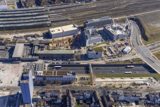 Aerial view, construction site Wuhanstraße Quartier 1, new building Duisburg City Office,