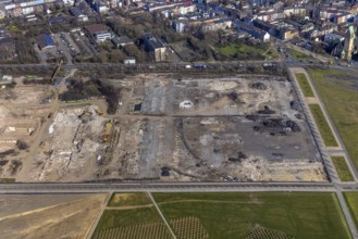 Aerial view, demolition of wire rolling mill for new construction RHEINORT quarter, construction