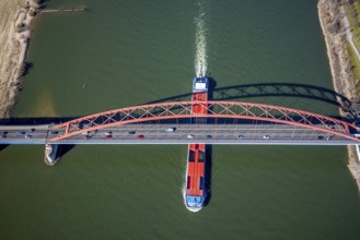 Aerial view, Bridge of Solidarity and container ship on the Rhine, Hochfeld, Duisburg, Ruhr area,