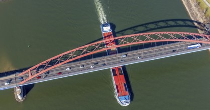 Aerial view, Bridge of Solidarity and container ship on the Rhine, Hochfeld, Duisburg, Ruhr area,