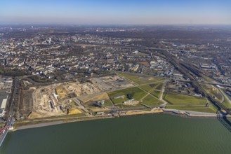 Aerial view, demolition of wire rolling mill for new construction RHEINORT neighbourhood,