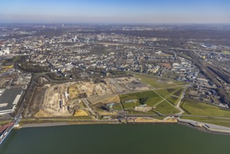 Aerial view, demolition of wire rolling mill for new construction RHEINORT neighbourhood,
