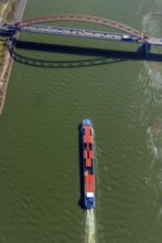 Aerial view, Bridge of Solidarity and container ship on the Rhine, Hochfeld, Duisburg, Ruhr area,