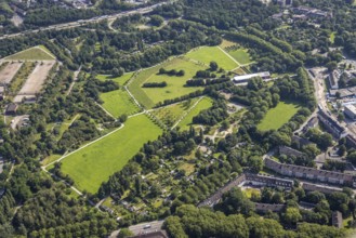 Aerial view, meadows in the landscape park Duisburg-Nord with indoor swimming pool Obermeiderich,