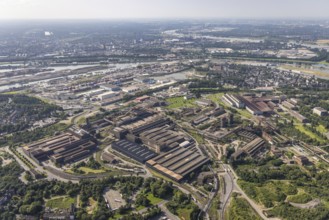 Aerial view, ArcelorMittal Hochfeld steel wire plant, Ruhrort harbour, Laar, Duisburg, Ruhr area,