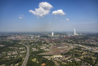 Aerial view, goods train station, thyssenkrupp Steel Europe factory premises, river Rhine with