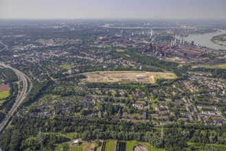 Aerial view, brownfield revitalisation commercial area Friedrich-Park, planned thoroughfare, DITIB