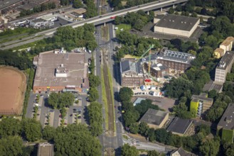 Aerial view, construction site for planned office building, former municipal swimming pool Hamborn,