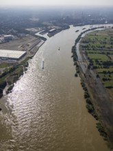 Aerial view, flood river Rhine at logport VI, ferry pier Rhine ferry Walsum, south harbour Walsum,