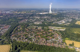 Aerial view, view of Wehofen with STEAG cogeneration plant Walsum, development and new warehouses