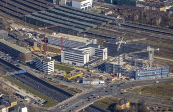 Aerial view, construction site Wuhanstraße Quartier 1, new building Duisburg City Office,