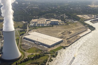 Aerial view, STEAG Walsum CHP plant, development and new warehouses logport VI, river Rhine,