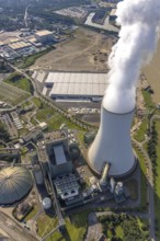 Aerial view, STEAG Walsum CHP plant, development and new warehouses logport VI, river Rhine,