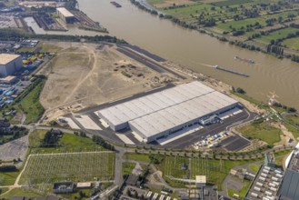 Aerial view, STEAG cogeneration plant Walsum, development and new warehouses logport VI, river