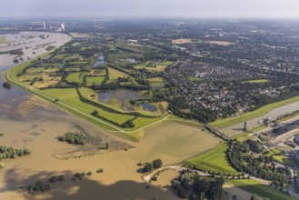 Aerial view, flood river Rhine, flooding floodplain Rhine Walsum, lift bridge Königstraße Walsum at