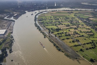 Aerial view, flood river Rhine at logport VI, ferry pier Rhine ferry Walsum, south harbour Walsum,