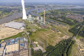 Aerial view, STEAG cogeneration plant Walsum, development and new warehouses logport VI, river