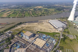Aerial view, STEAG cogeneration plant Walsum, development and new warehouses logport VI, river