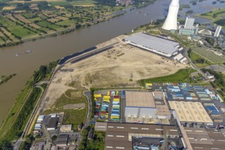 Aerial view, STEAG cogeneration plant Walsum, development and new warehouses logport VI, river