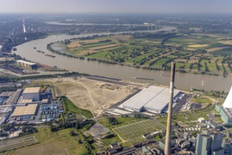 Aerial view, STEAG cogeneration plant Walsum, development and new warehouses logport VI, river