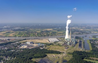 Aerial view, STEAG Walsum CHP plant, development and new logport VI warehouses, Rhine river,
