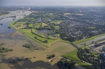 Aerial view, flood river Rhine, north harbour Walsum, Rheinaue and Alt-Walsum with view to STEAG